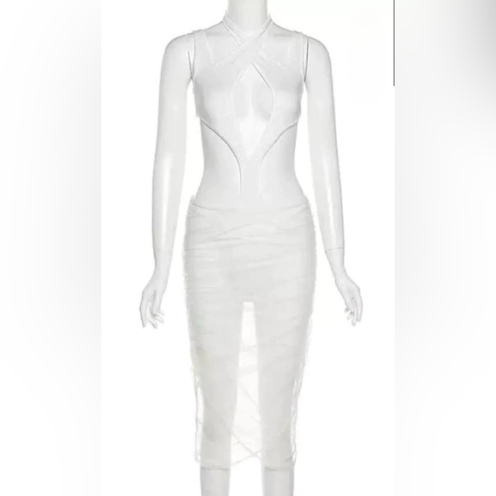 Classy Cut Out Mesh Cocktail Party Midi Dress One Piece Evening Swimsuit Wear - Picture 6 of 7